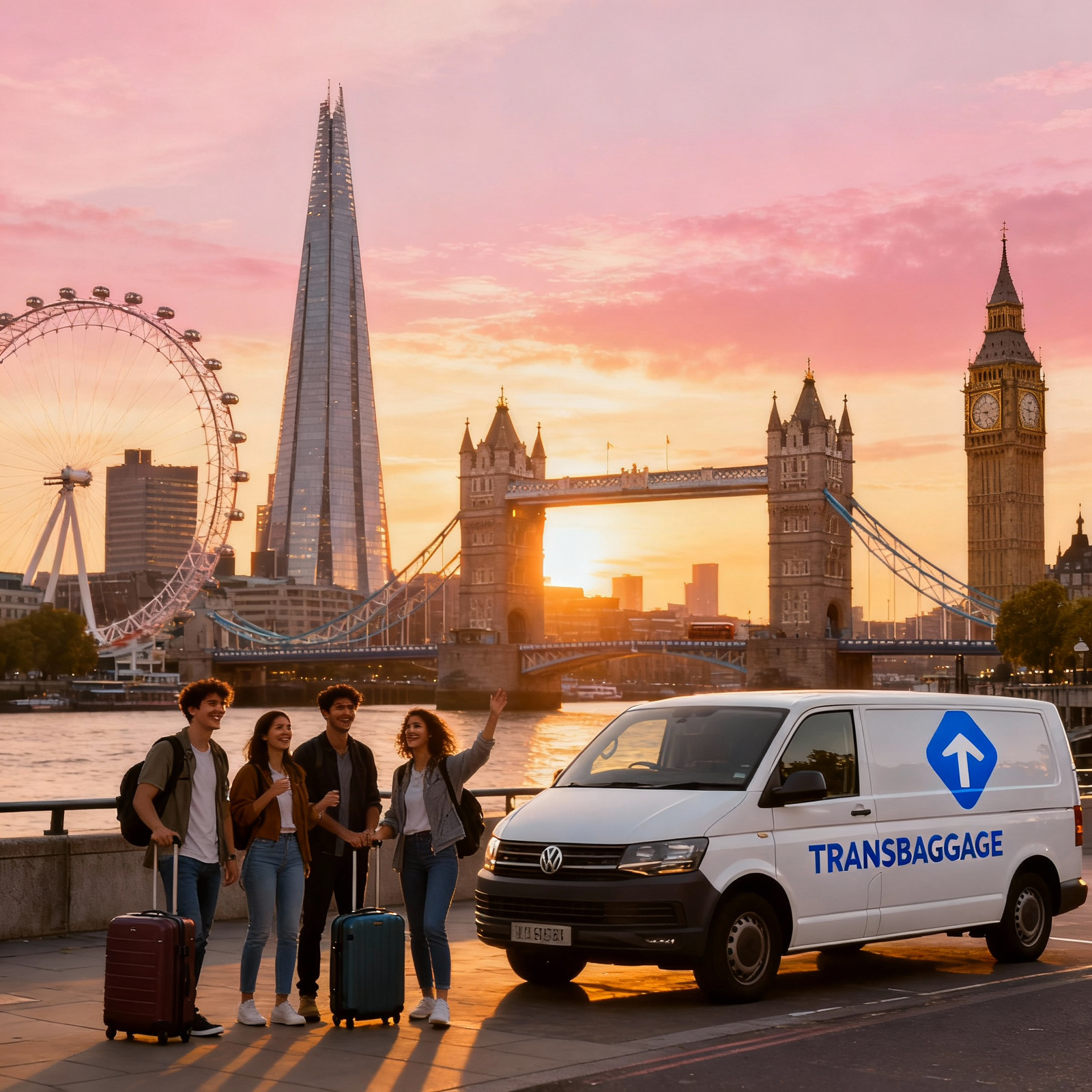 London city skyline at sunset featuring the Shard, Tower Bridge, London Eye, and Big Ben. Smiling travelers with rolling suitcases utilize a white TransBaggage van, clearly labeled in blue, for easy luggage handling.
