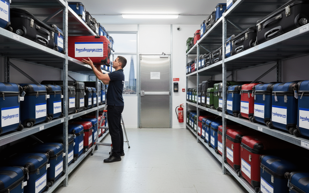 Transbaggage staff organizing luggage in secure long-term storage facility in London(see the generated image above).