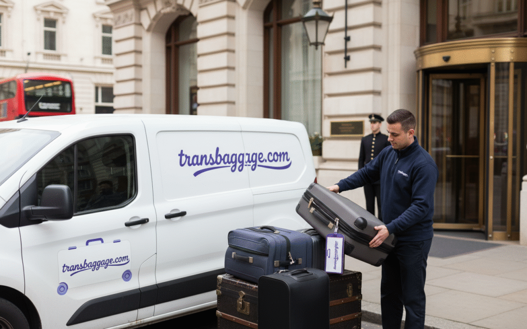 Professional Transbaggage courier unloading travel bags from branded van at London hotel entrance