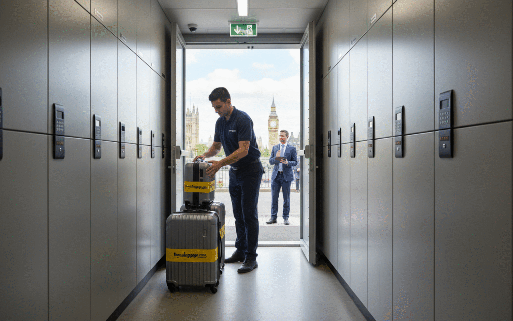 Transbaggage staff storing traveler luggage in safe short-term facility near London attractions