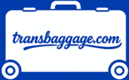 TransBaggage wordmark in white cursive font with extended ‘e’ on #0047AB blue background