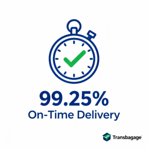 Stopwatch icon with green checkmark and Transbaggage logo