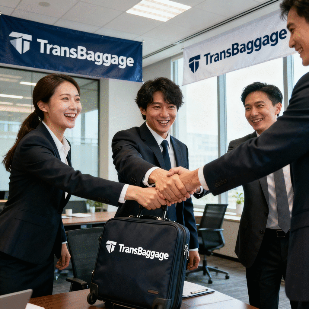 Business partnership meeting between executives and TransBaggage representative in an office, with TransBaggage branding prominently displayed.