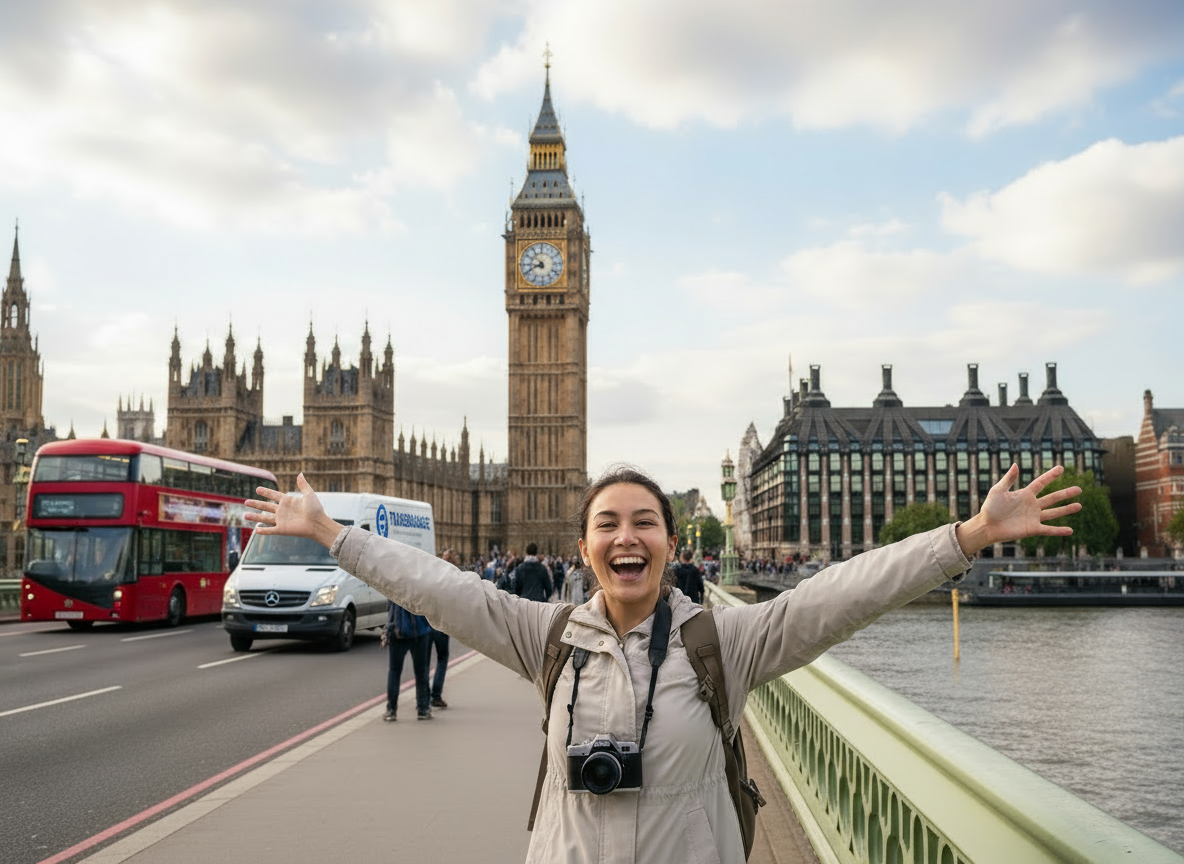 A happy traveler standing near Big Ben in London with TransBaggage van and robot assistant loading suitcases, showing hassle-free luggage delivery service
