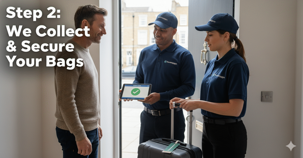 Illustration of a uniformed TransBaggage handler greeting a traveller at the door and sealing a suitcase with a tagged security seal and verify‑code card.