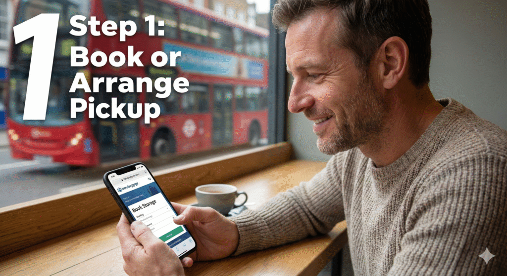 Illustration of a traveller booking a TransBaggage pickup using a smartphone app and a laptop with online payment.