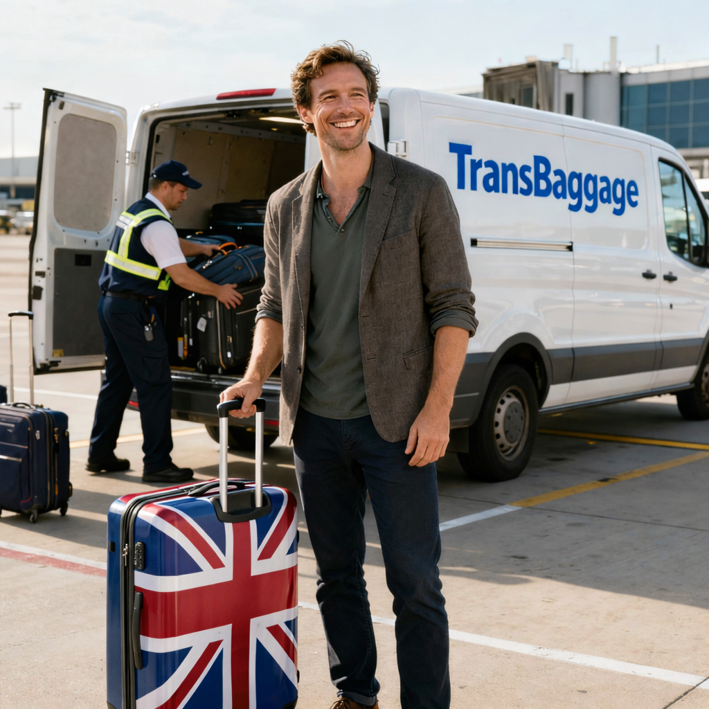 British man smiling with British-flag suitcase as TransBaggage staff loads luggage into a white van marked “TransBaggage” in London.