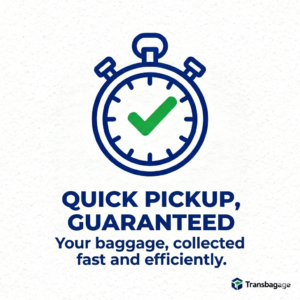 Stopwatch icon with text ‘7 min Avg Pickup’ and Transbaggage logo