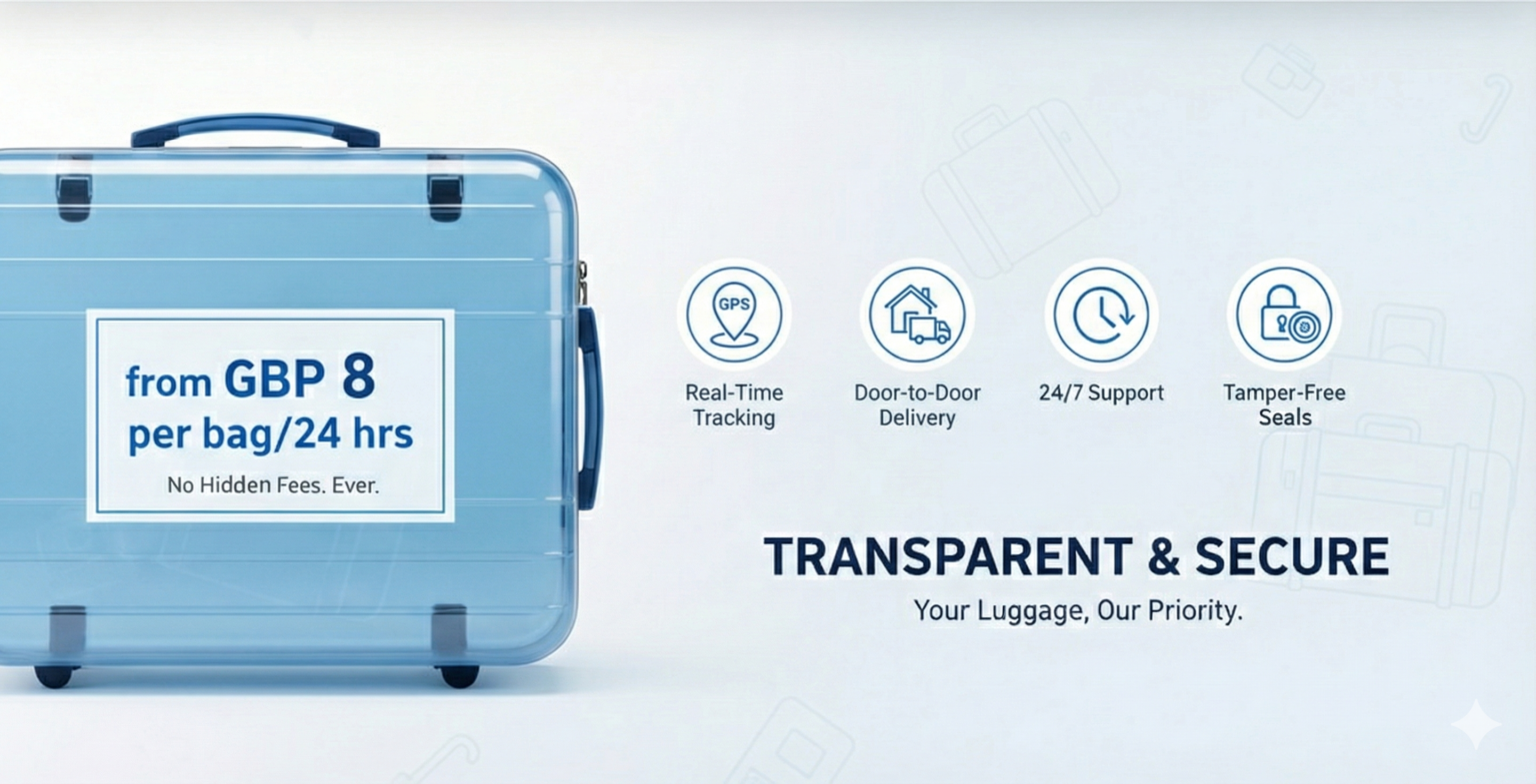 Blue and white hero image showing a large suitcase, Transbaggage logo, ‘from GBP 8 per bag/24 hrs’, and icons for vehicle air conditioning, insurance, 24/7 support, CCTV, and tamper seals.