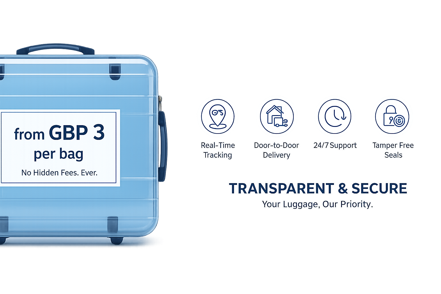 Blue and white hero image showing a large suitcase, Transbaggage logo, ‘from GBP 8 per bag/24 hrs’, and icons for vehicle air conditioning, insurance, 24/7 support, CCTV, and tamper seals.